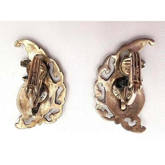 Vintage Sterling Siam Silver Niello Thai Dancer Clip-On Earrings Blue Enamel - Picture 3 of 5